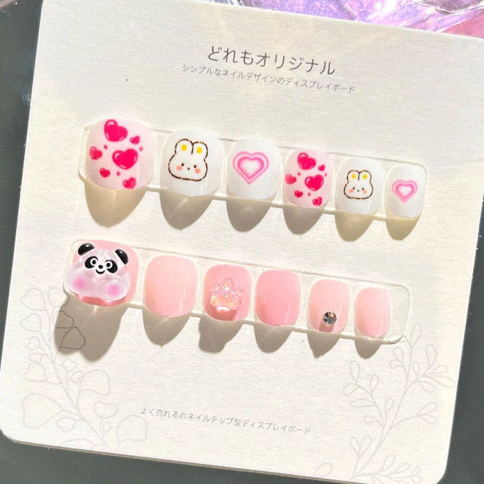 Pink Bunny and Panda Press On Nails with Hearts and Floral Accents
