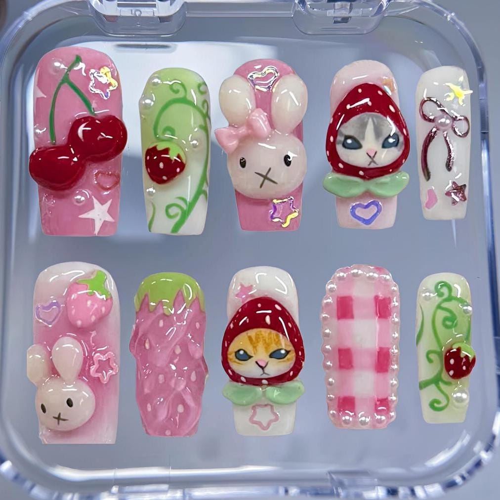 Pink Bunny and Strawberry Press-On Nails with Checks and Sculpted Details