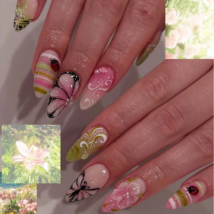 Pink Butterfly and Flower Press On Nail Set with Olive Green Swirls