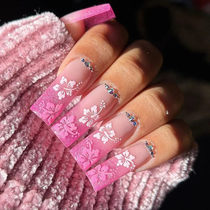 Pink Butterfly French Tip Press-On Nails With Rhinestone Accents