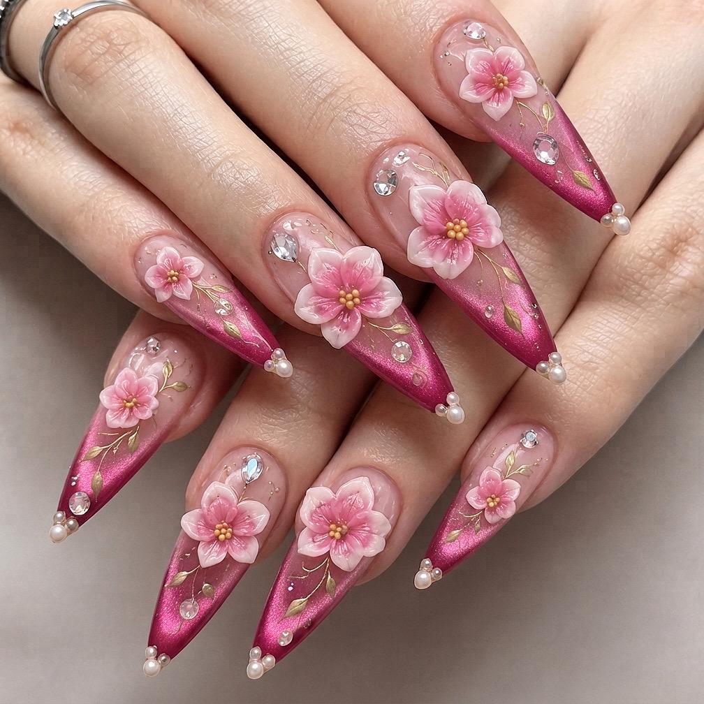 Pink Cat Eye Floral Press On Nails With 3D Flowers, Gold Details and Rhinestones