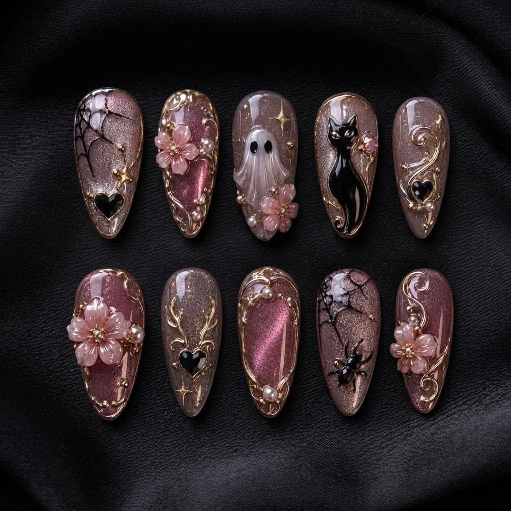 Pink Cat-Eye Gothic Halloween Nails With Ghost, Black Cat, Blossoms and Gold Scrollwork