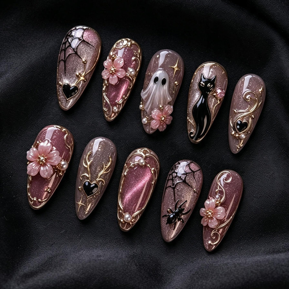 Pink Cat-Eye Gothic Halloween Nails With Ghost, Black Cat, Blossoms and Gold Scrollwork