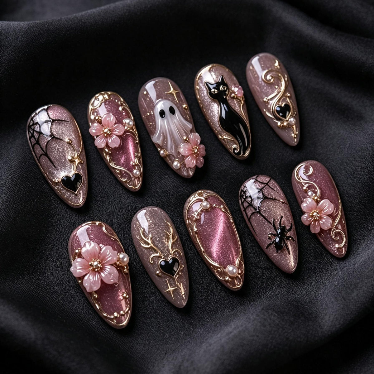 Pink Cat-Eye Gothic Halloween Nails With Ghost, Black Cat, Blossoms and Gold Scrollwork