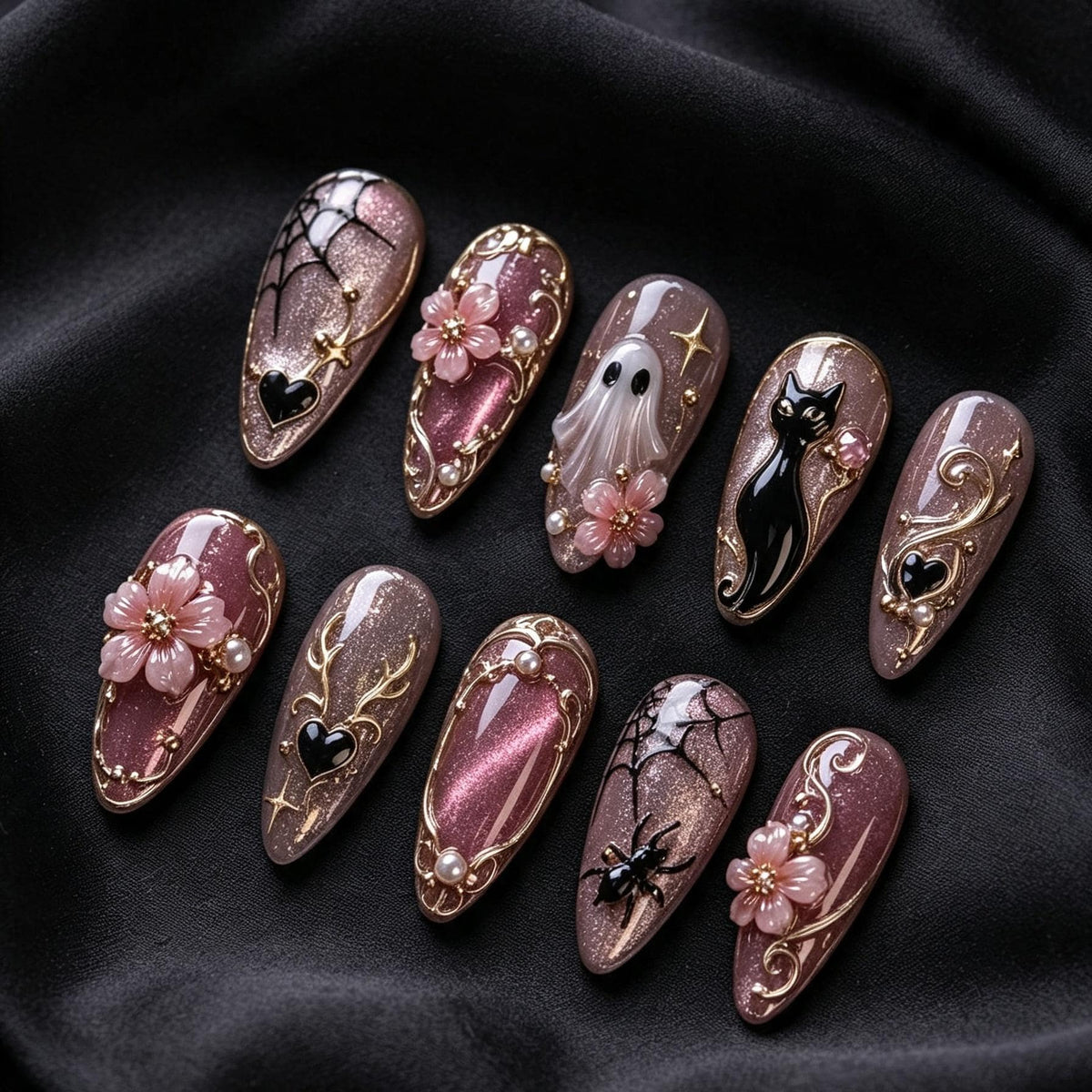 Pink Cat-Eye Gothic Halloween Nails With Ghost, Black Cat, Blossoms and Gold Scrollwork
