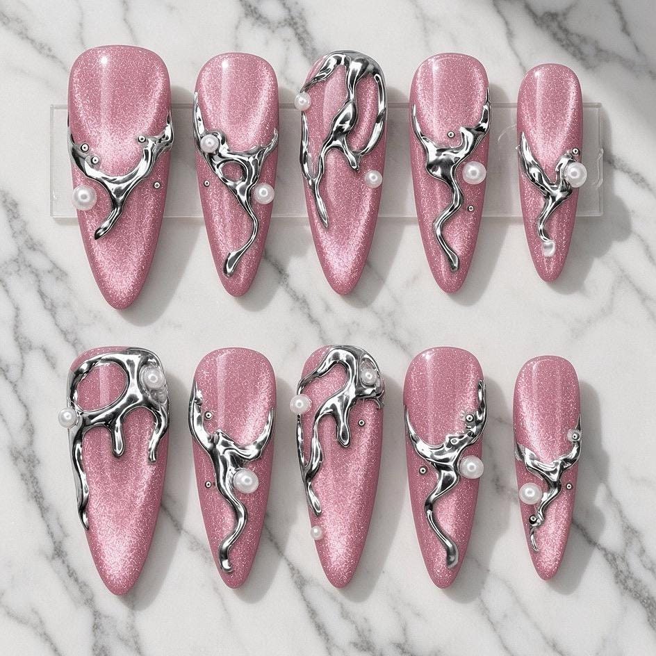 Pink Cat Eye Press On Nails With Silver Liquid Chrome Swirls and Pearl Accents