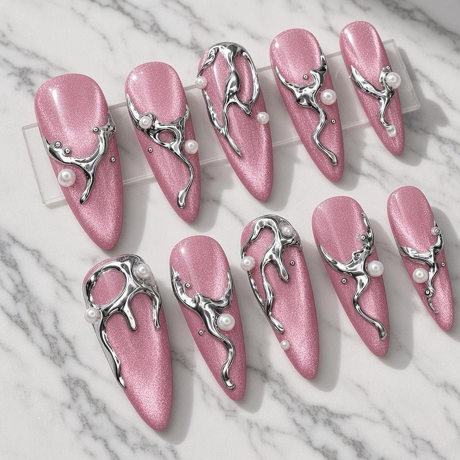 Pink Cat Eye Press On Nails With Silver Liquid Chrome Swirls and Pearl Accents