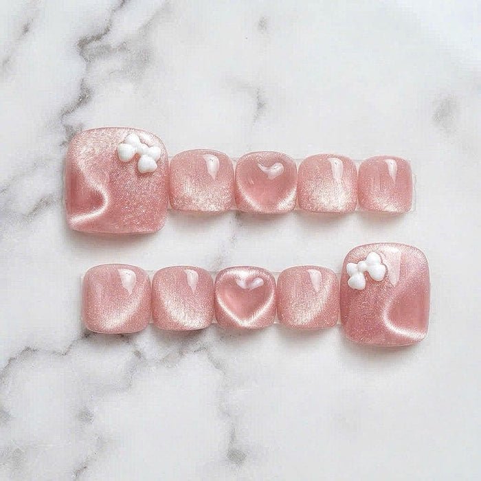 Pink Cat Eye Press-On Toenails With Heart Shimmer and White Bow Accents