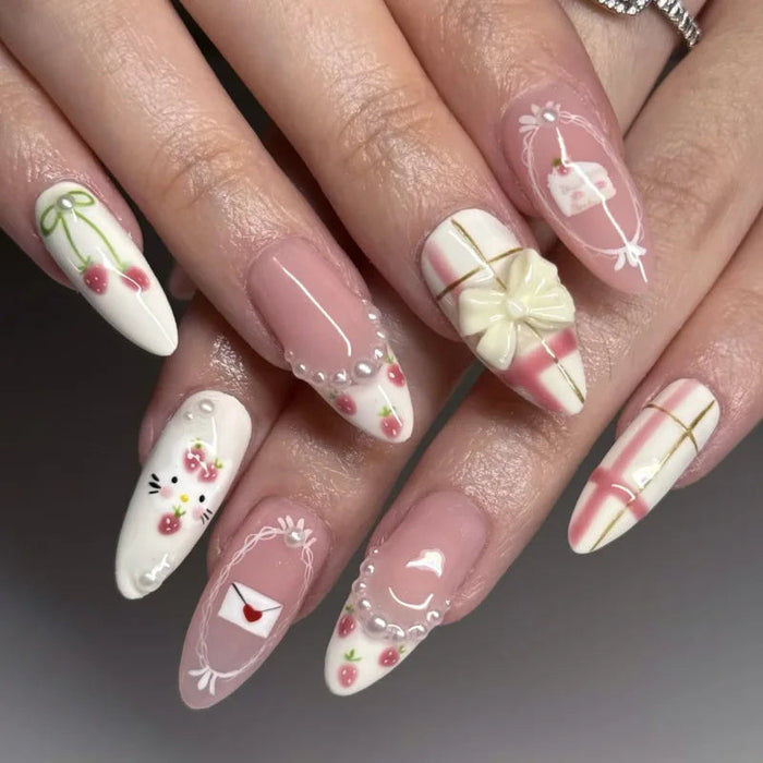 Pink Cherry 3D Heart and Bow Press-On Nail Set