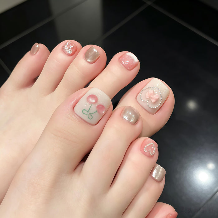 Pink Cherry and Bow Rhinestone Press-On Toenails