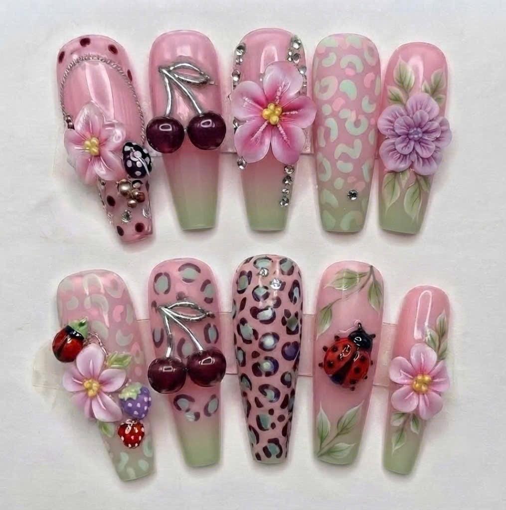 Pink Cherry and Floral 3D Garden Press-On Nails