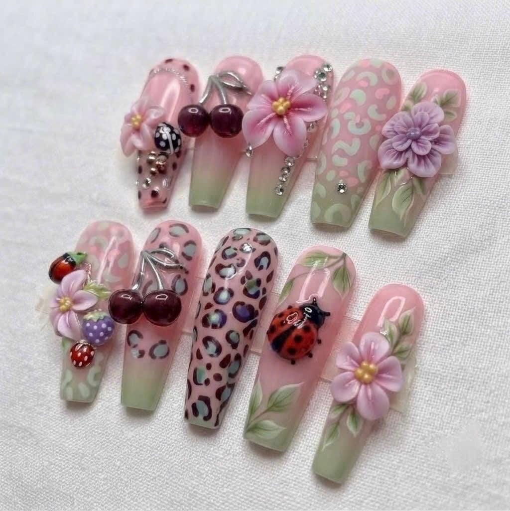 Pink Cherry and Floral 3D Garden Press-On Nails