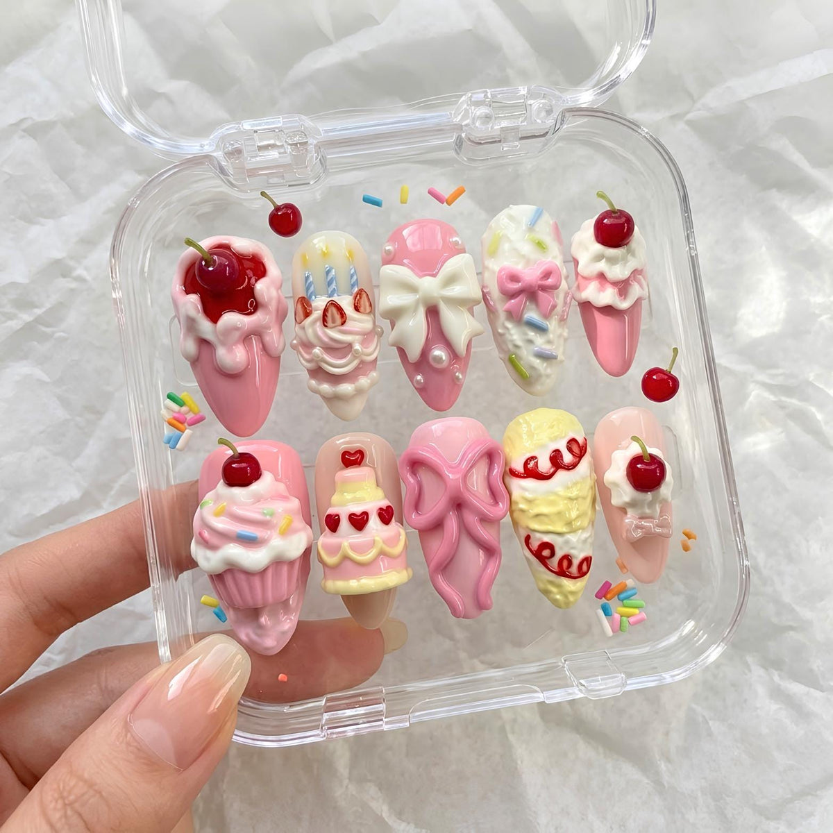 Pink Cherry Birthday Dessert Press On Nails With 3D Bows And Sprinkles