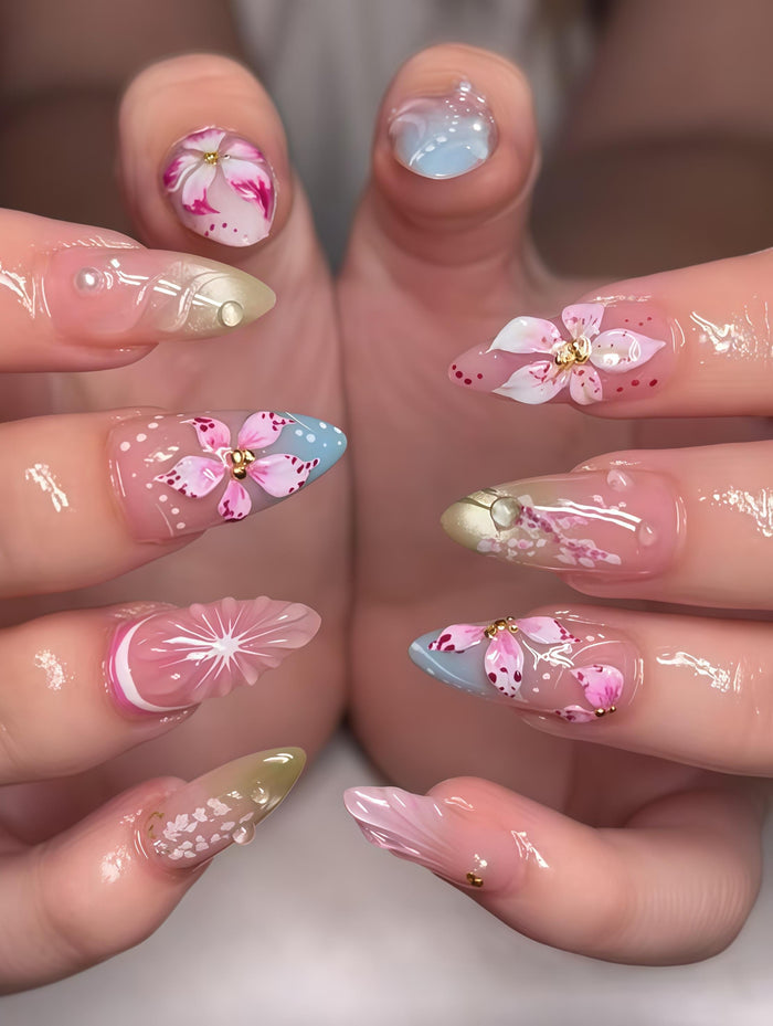 Pink Cherry Blossom Press-On Nails with Blue Accents, Gold Details & Water Drops
