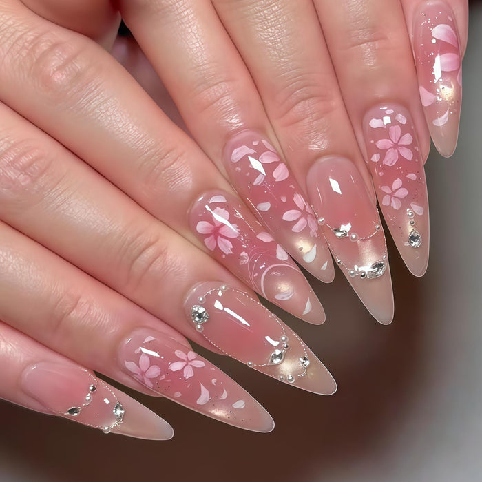 Pink Cherry Blossom Press On Nails with Rhinestones and Pearl Accents