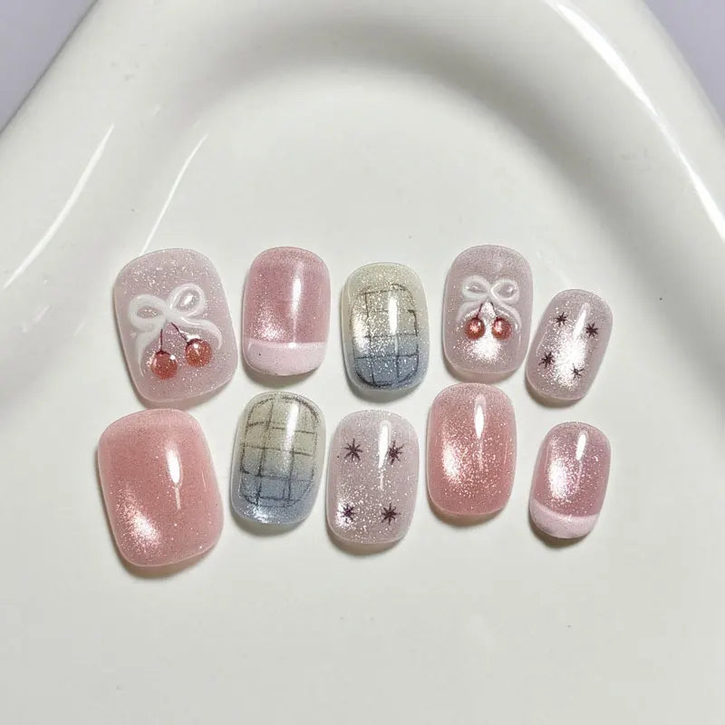 Pink Cherry Bow Nails With Blue-Gray Plaid and French Tips