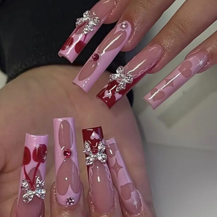 Pink Cherry Press-On Nails with Silver Bows and Rhinestones