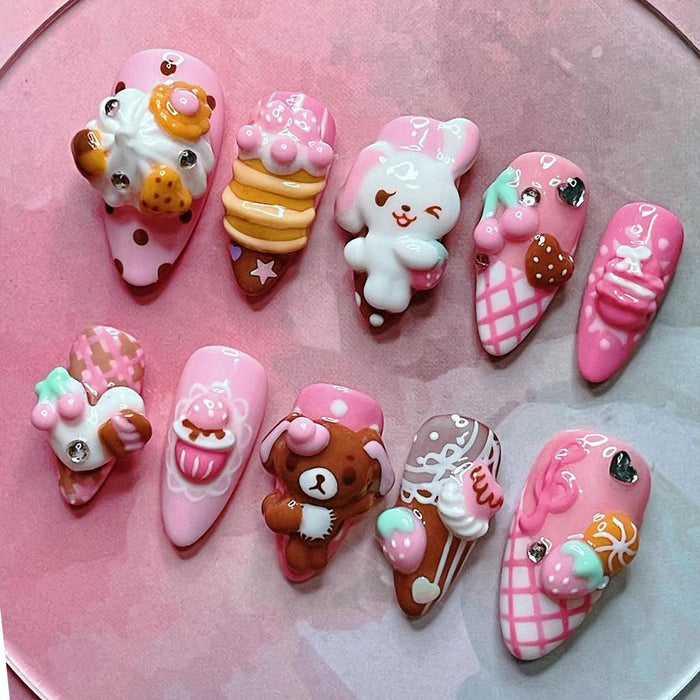 Pink Chocolate Dessert Press-On Nails with 3D Bear, Bunny, Cupcake and Ice Cream Details