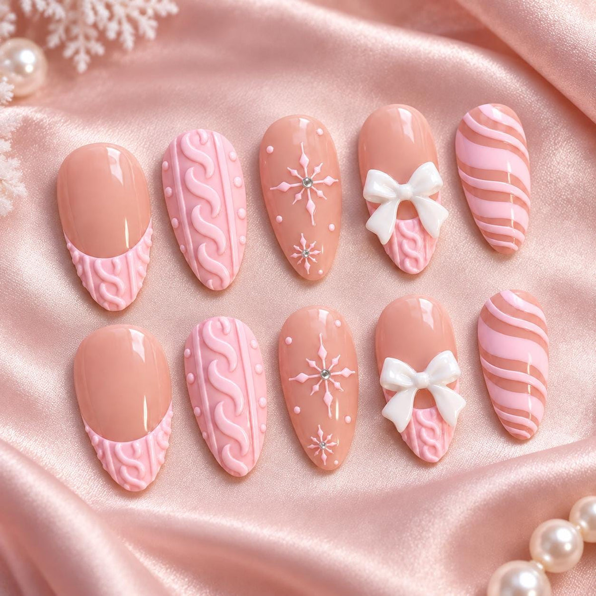 Pink Christmas Bow and Snowflake Press-On Nail Set