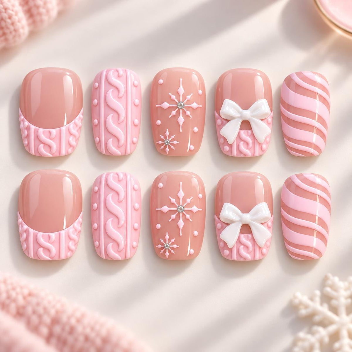 Pink Christmas Bow and Snowflake Press-On Nail Set