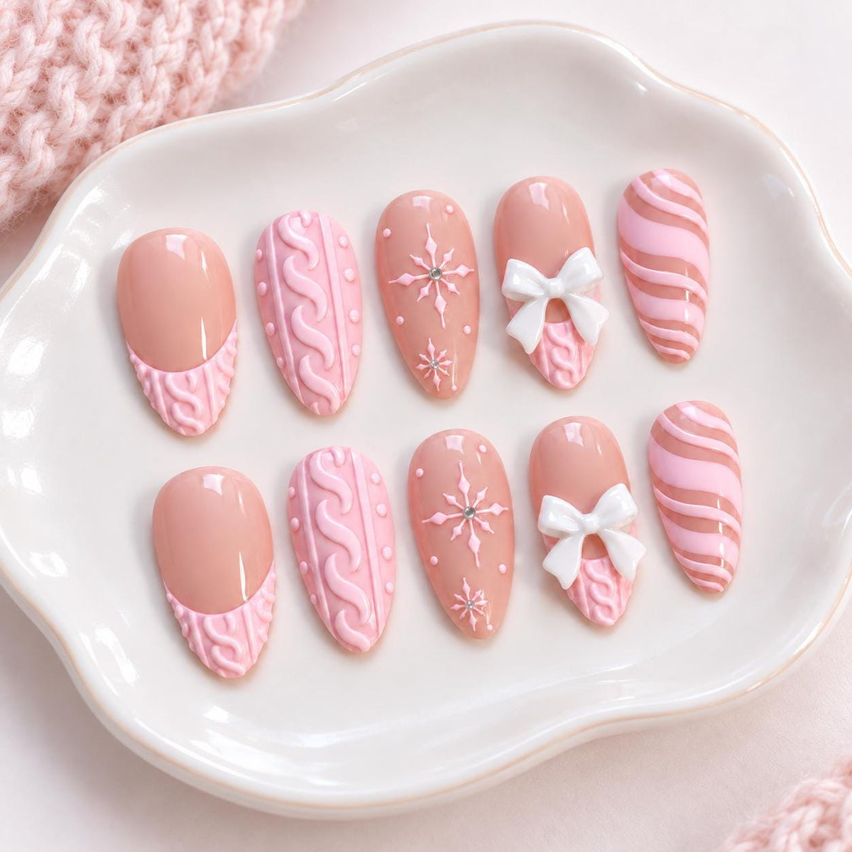 Pink Christmas Bow and Snowflake Press-On Nail Set