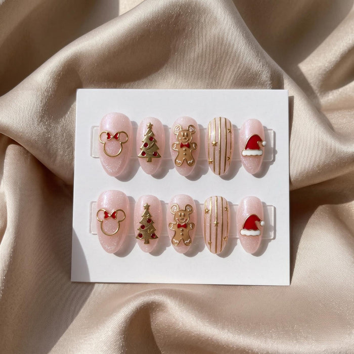 Pink Christmas Press On Nail Set With Gingerbread, Trees, Mouse Ears and Santa Hats
