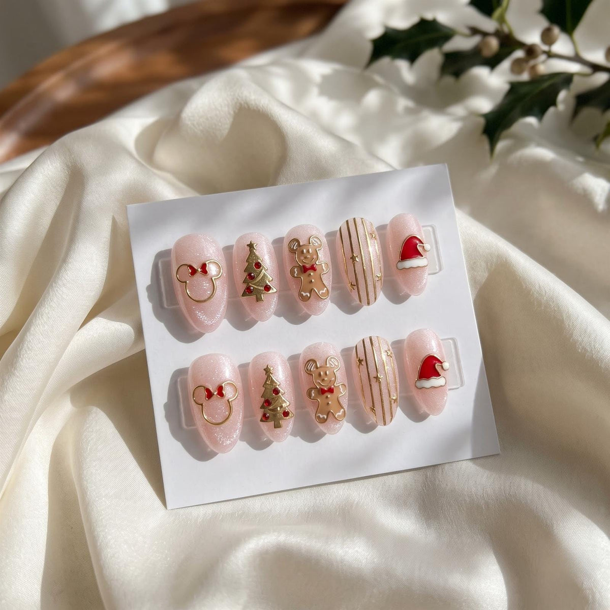 Pink Christmas Nail Set With Gingerbread, Trees, Mouse Ears and Santa Hats