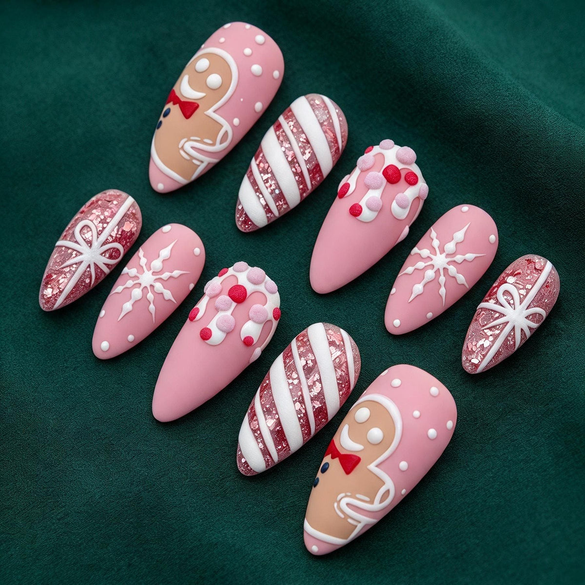Pink Christmas Nails With Gingerbread, Snowflakes, Candy Stripes, and Glitter Bows