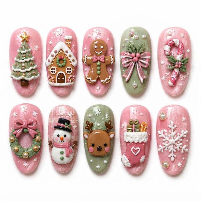 Pink Christmas Press On Nails with 3D Gingerbread, Snowflakes and Holiday Motifs