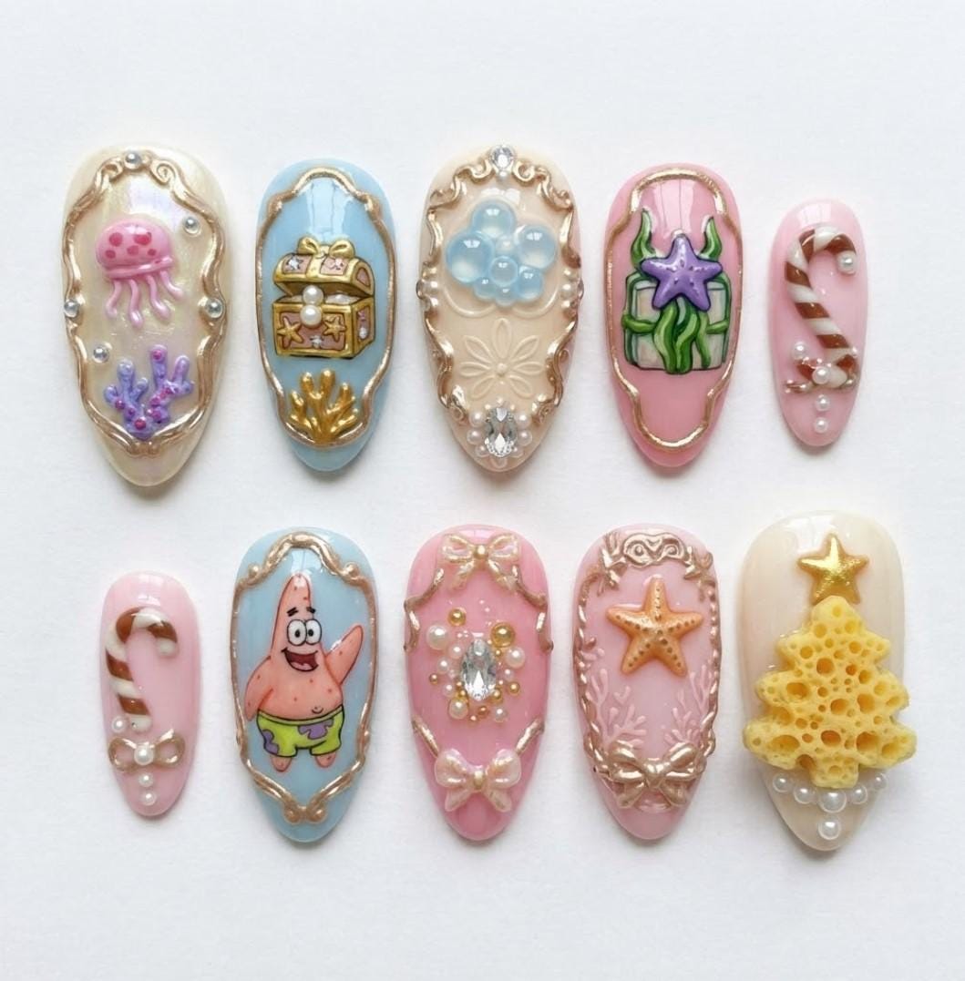Pink Christmas Press-On Nails With 3D Sponge Tree, Pearls, Bows and Undersea Art