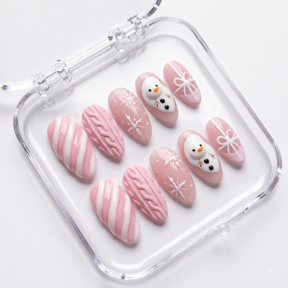 Pink Christmas Press On Nails With Candy Cane Stripes, Knit Texture, Snowmen and Bows