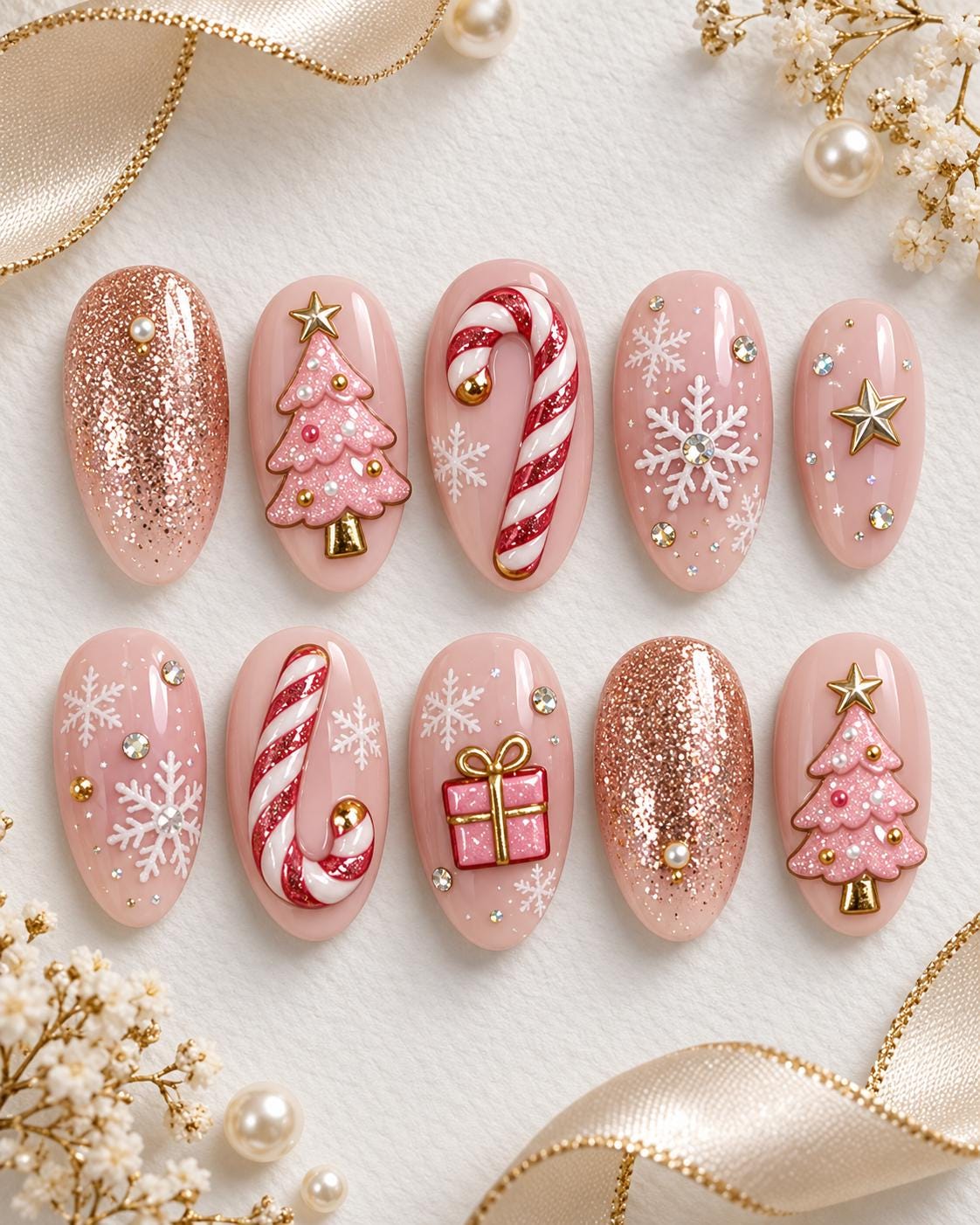 Pink Christmas Press On Nails With Candy Canes, Snowflakes & 3D Trees