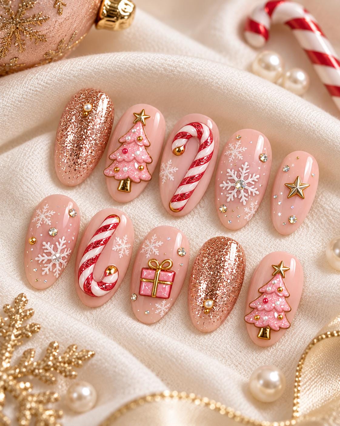 Pink Christmas Press On Nails With Candy Canes, Snowflakes & 3D Trees