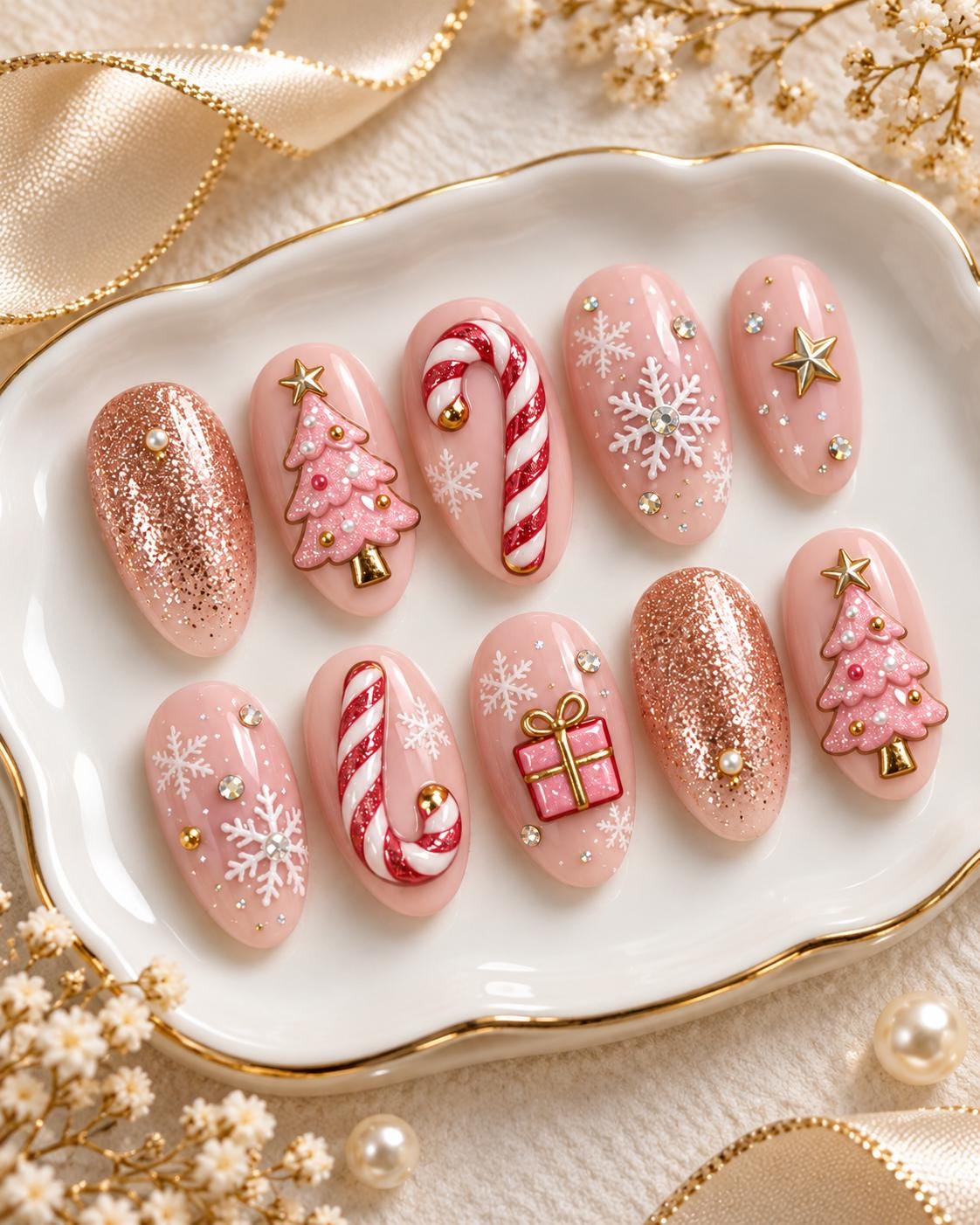 Pink Christmas Press On Nails With Candy Canes, Snowflakes & 3D Trees
