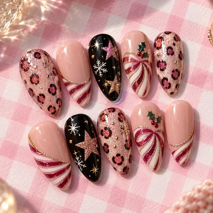 Pink Christmas Press On Nails with Leopard Print, Candy Cane Swirls and Glitter Stars