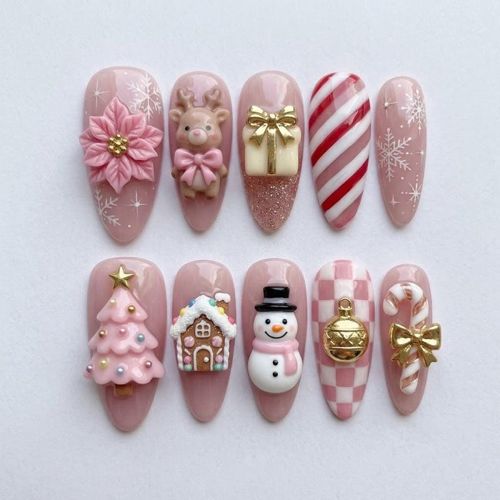 Pink Christmas Press On Nails With Poinsettia, Reindeer, Snowflakes & 3D Holiday Charms