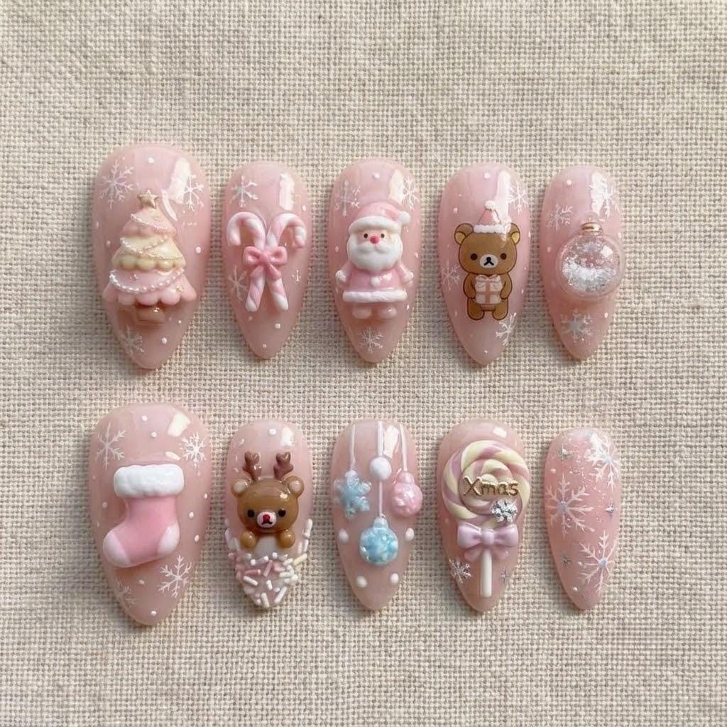 Pink Christmas Press-On Nails with Teddy Bears, Santa, Snowflakes, and 3D Bows