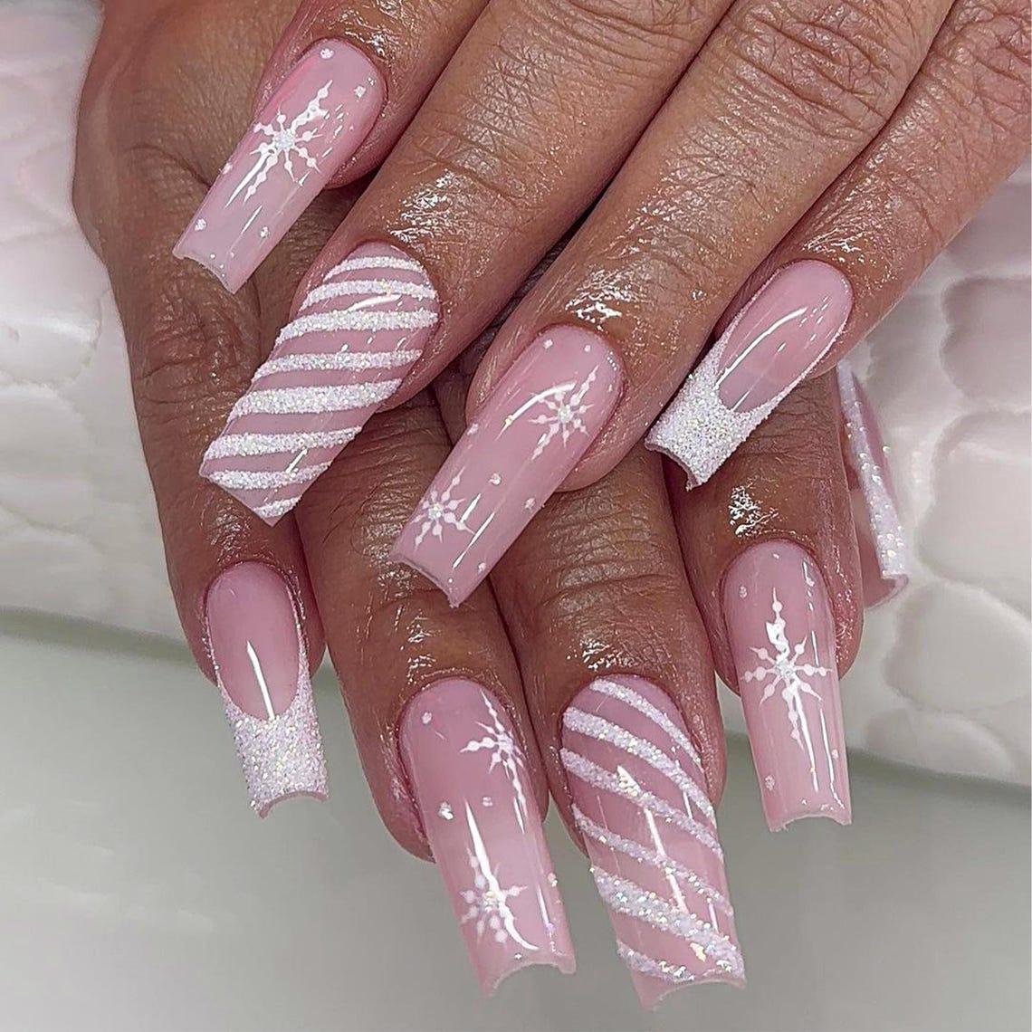 Pink Christmas Snowflake Press-On Nails With White Glitter Stripes and French Tips