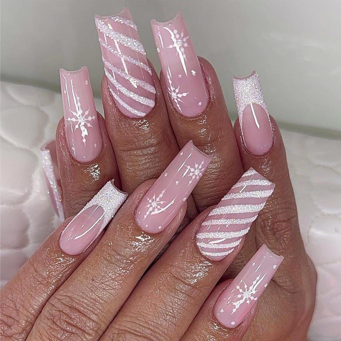 Pink Christmas Snowflake Press-On Nails With White Glitter Stripes and French Tips