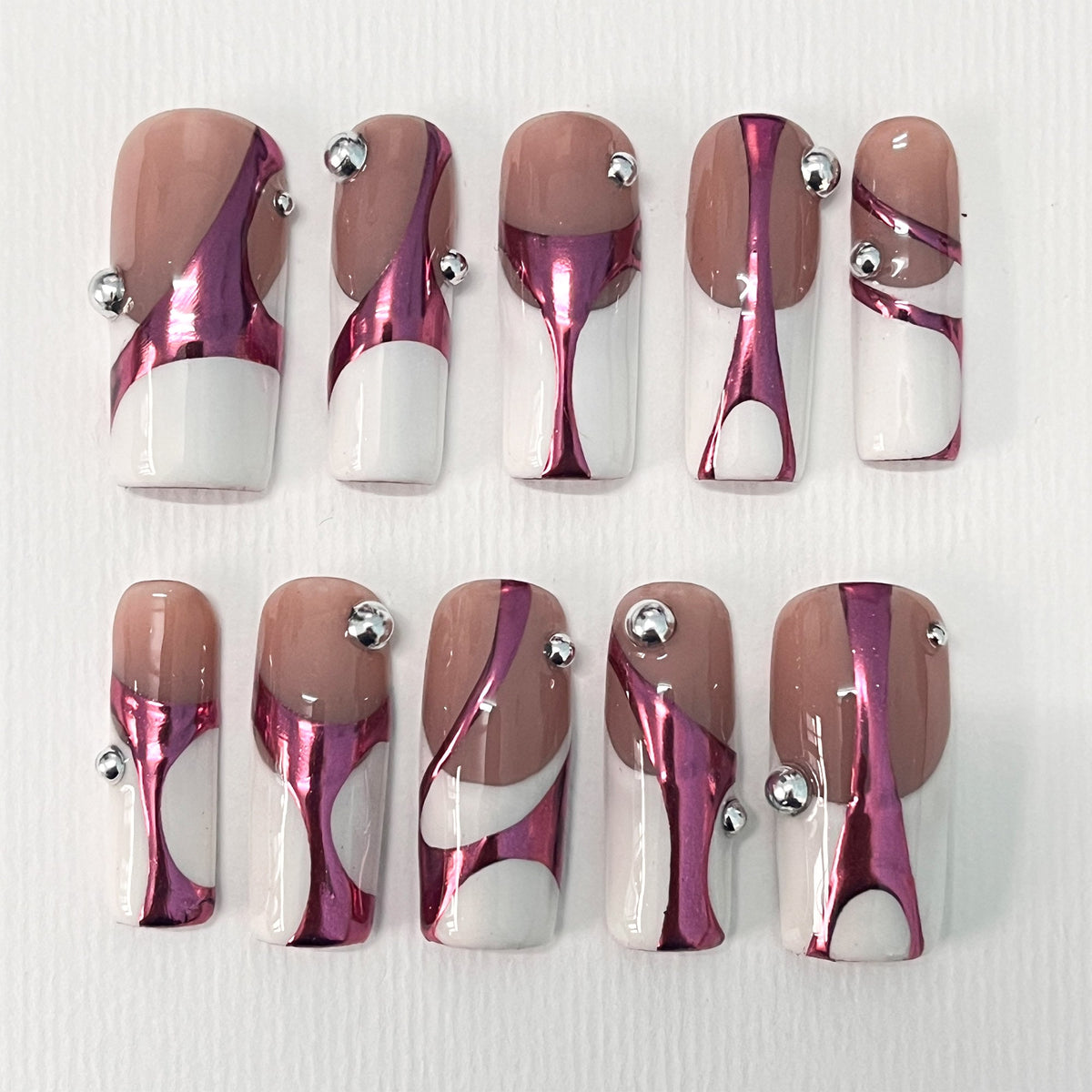 Pink Chrome Ribbon French Tip Press On Nails With Rhinestones