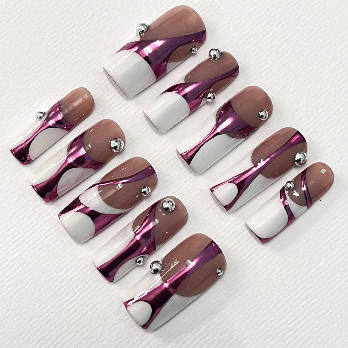 Pink Chrome Ribbon French Tip Press On Nails With Rhinestones