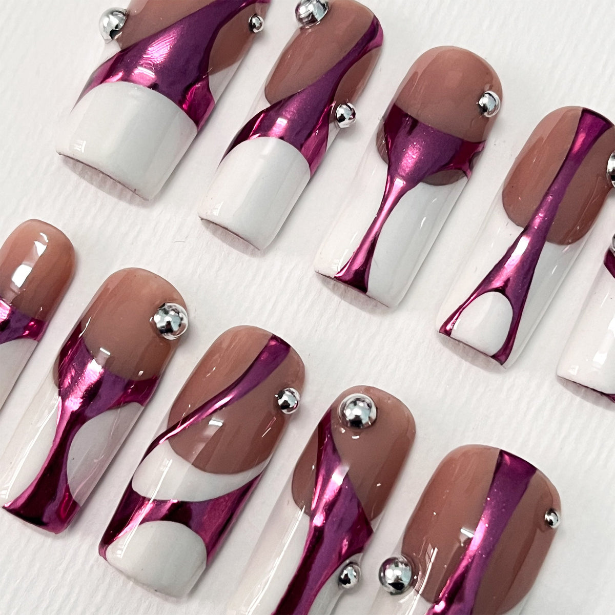 Pink Chrome Ribbon French Tip Press On Nails With Rhinestones