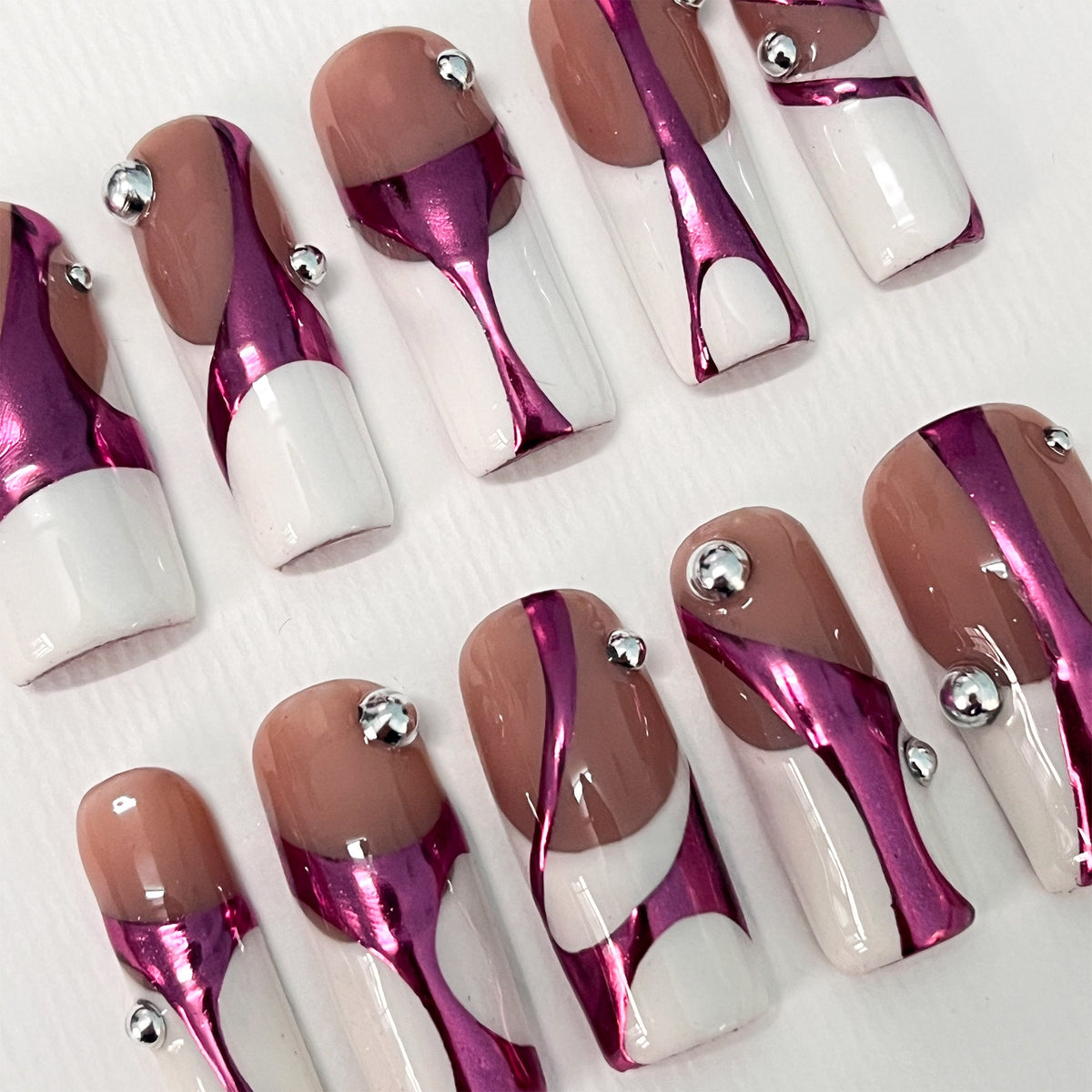 Pink Chrome Ribbon French Tip Press On Nails With Rhinestones