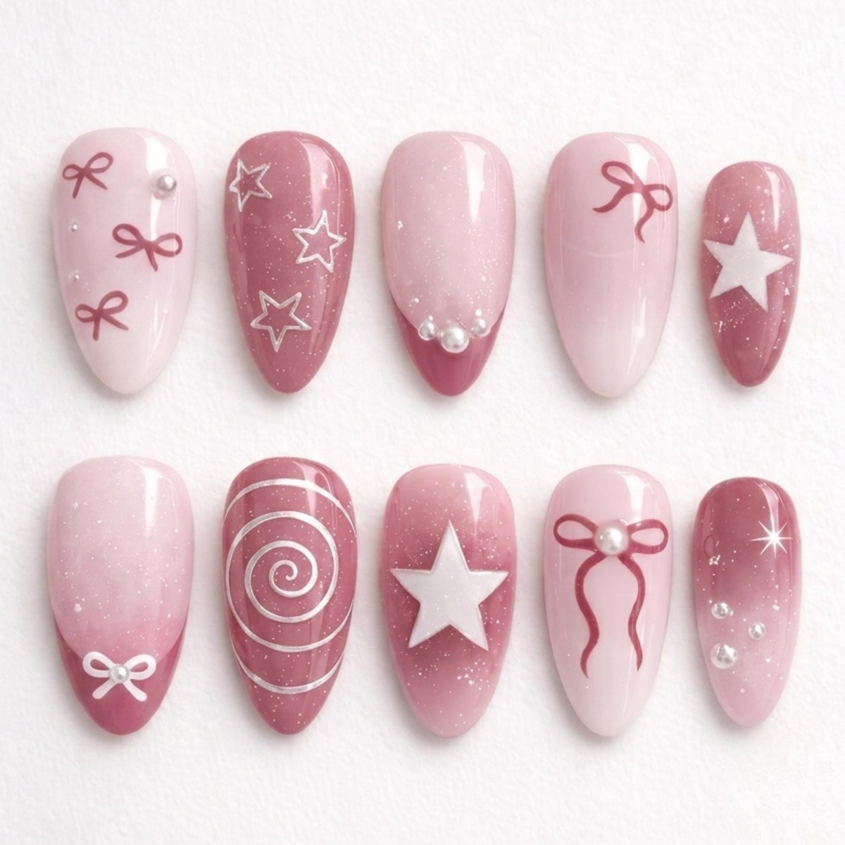 Pink Coquette Bow and Star Nails with Silver Celestial Details