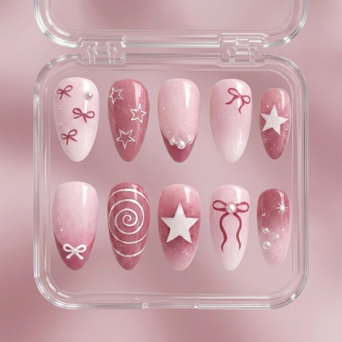 Pink Coquette Bow and Star Nails with Silver Celestial Details