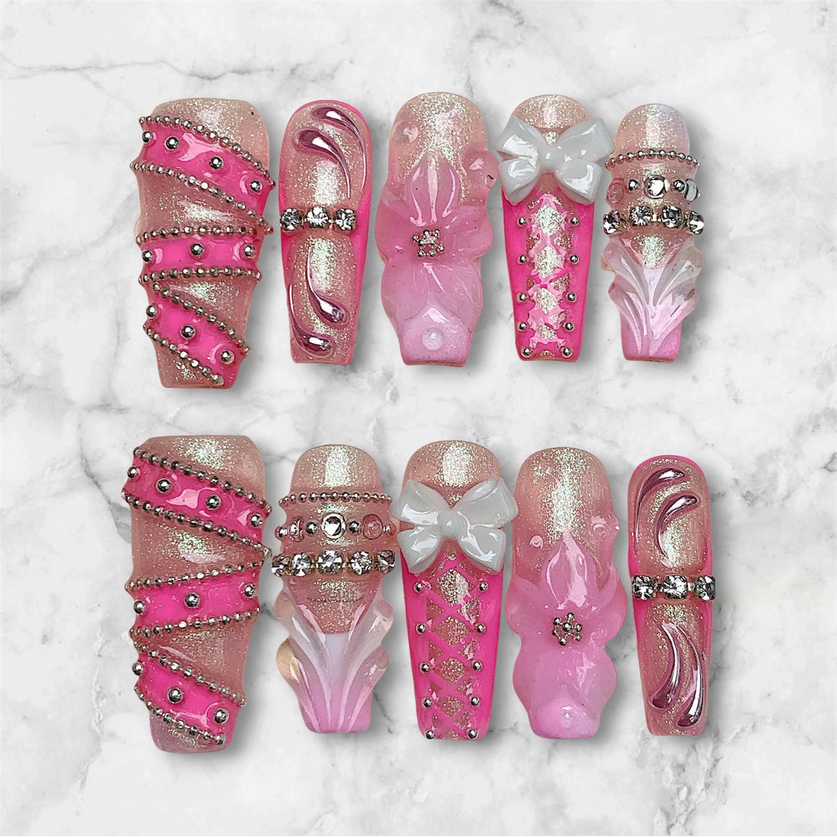 Pink Coquette Y2K Mermaid Chrome Nails with 3D Bows, Shell Details and Rhinestones
