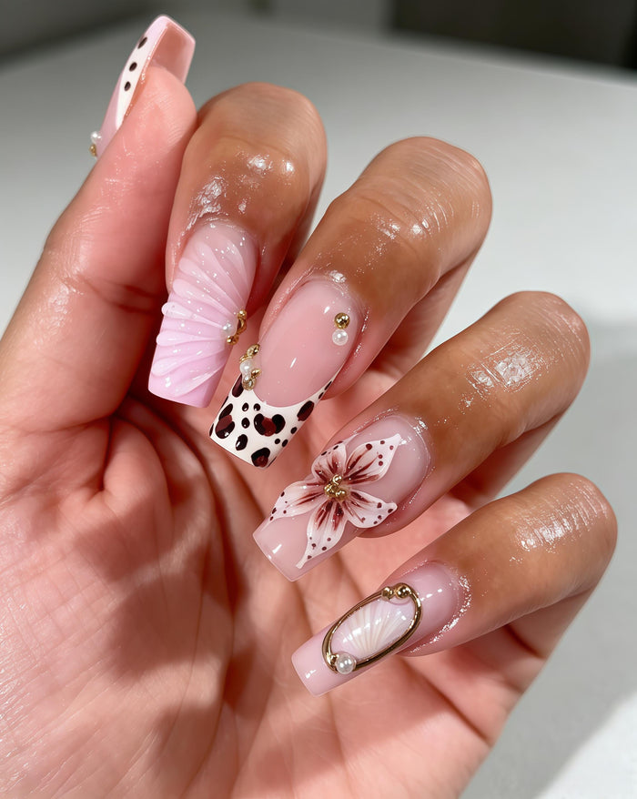 Pink Cow-Print French Tip Press On Nails With 3D Flower and Gold Studs