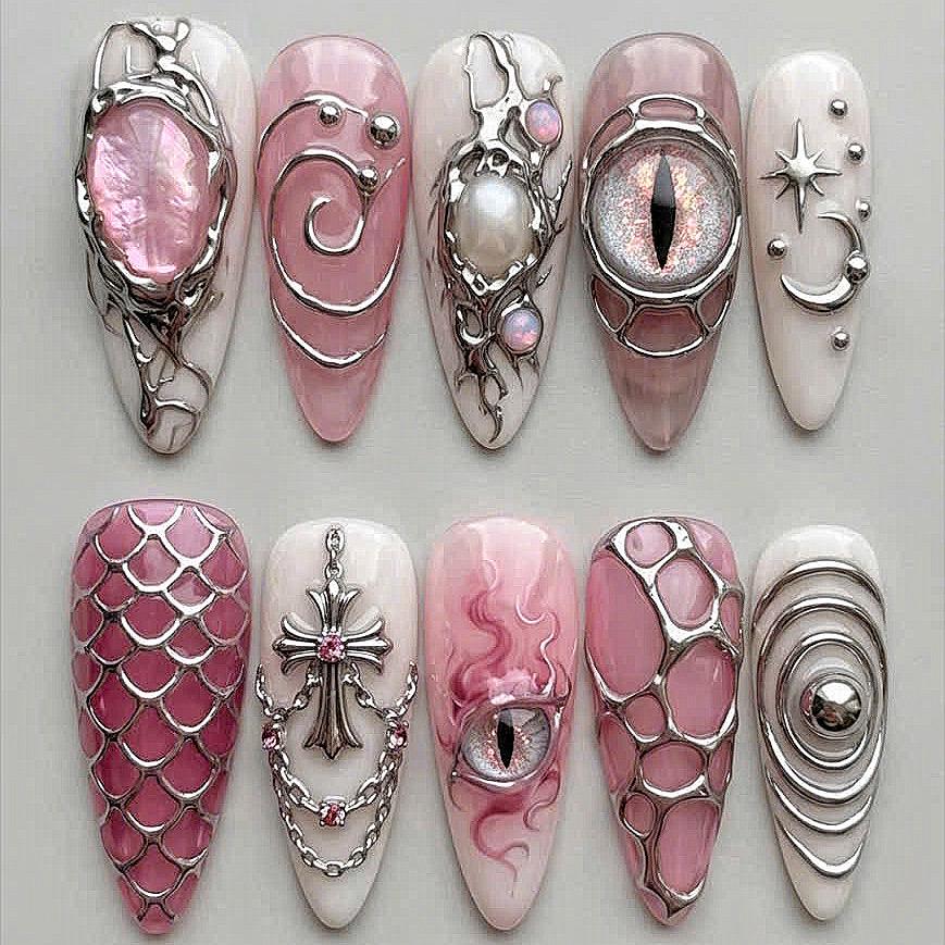 Pink Dragon Eye Cyberpunk Goth Nails With Silver Chrome Filigree