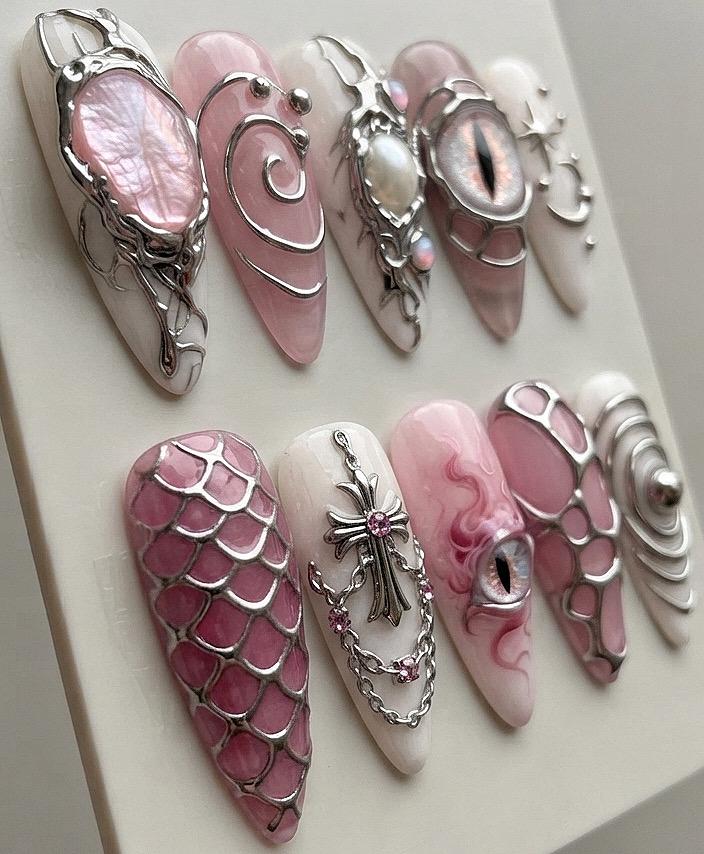 Pink Dragon Eye Cyberpunk Goth Nails With Silver Chrome Filigree