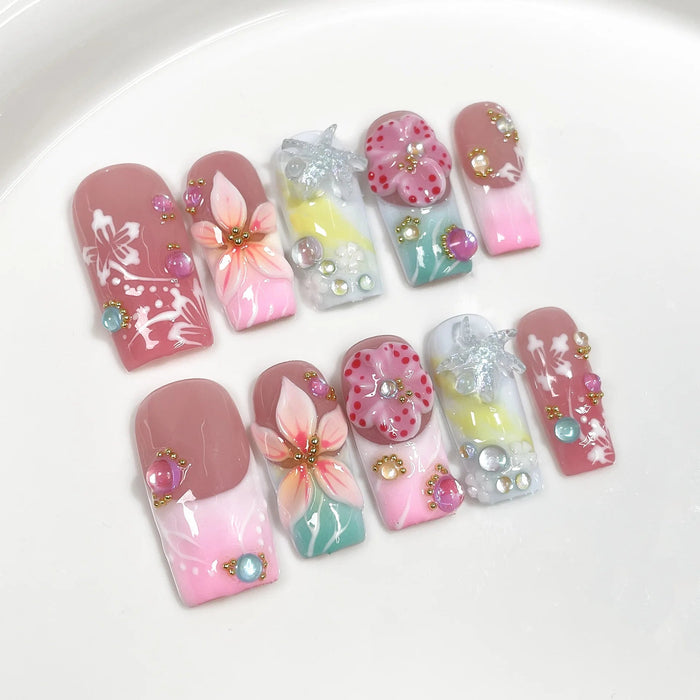 Pink Floral 3D Flower and Rhinestone Press-On Nail Set